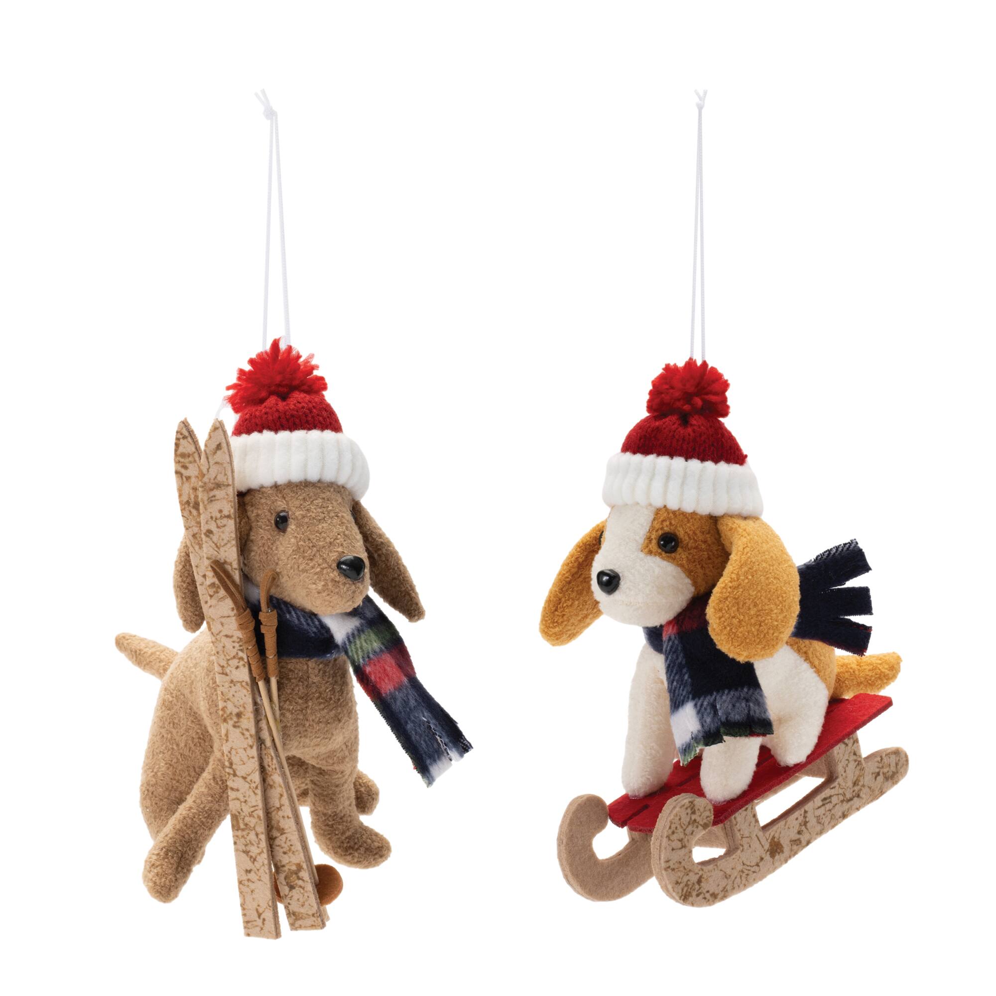 Plush Ski & Sled Dog Christmas Ornaments Set, 3ct.